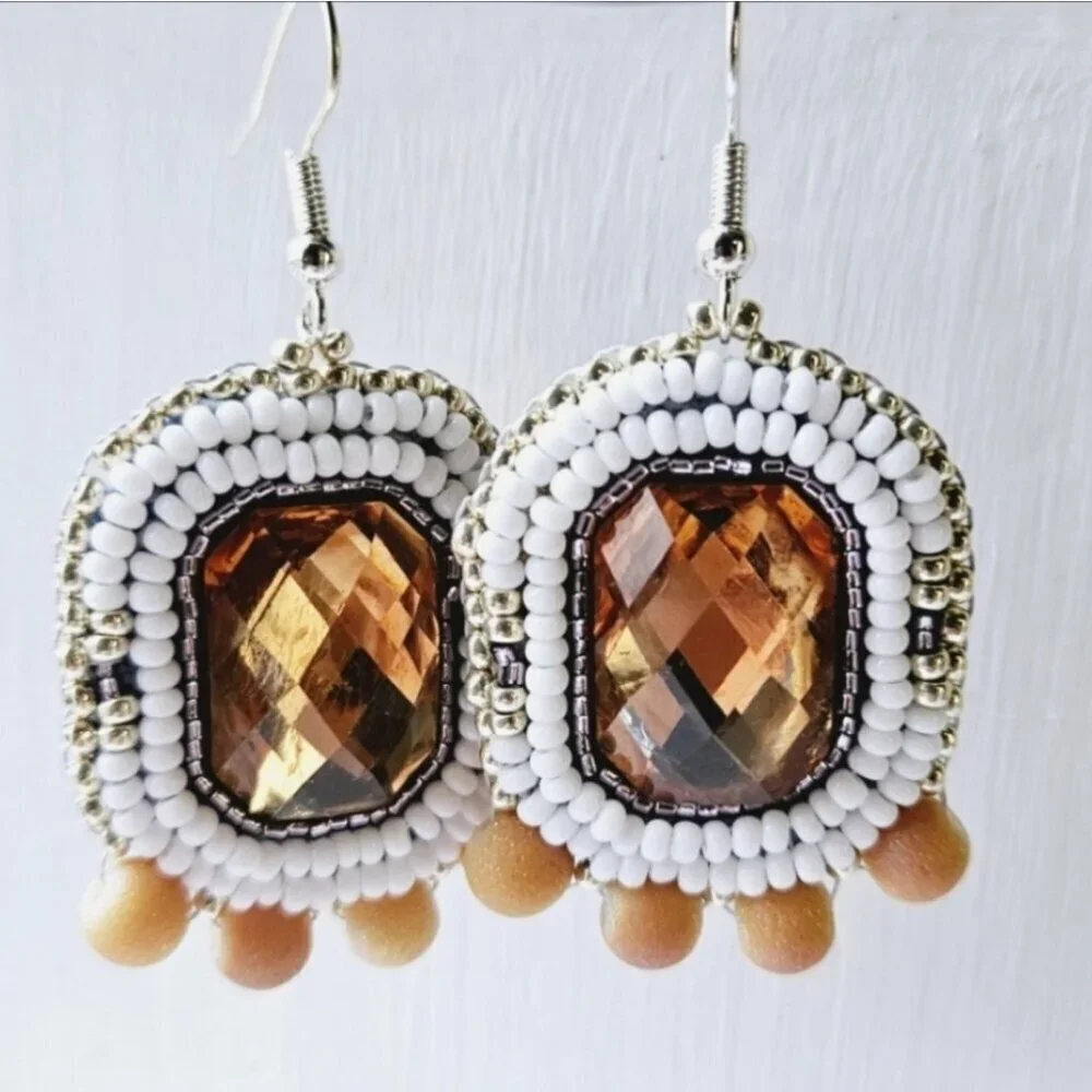 2/$27 | Orange + White Beaded Bohemian Indigenous Hoop Earrings | Handmade - Picture 7 of 7